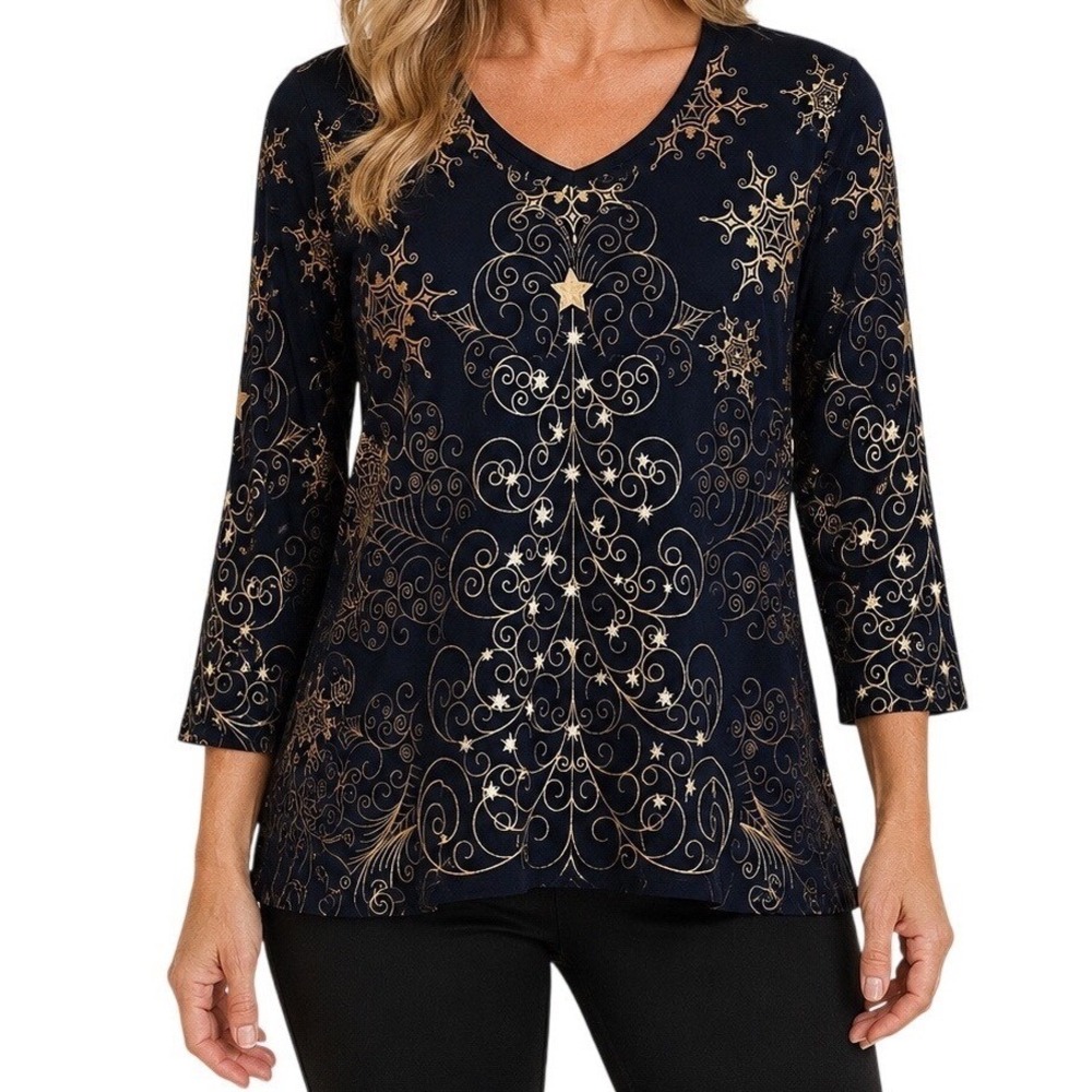 NEW Jess & Jane 3X Christmas Star Black Gold Christmas Tree Top 3/4 Sleeve